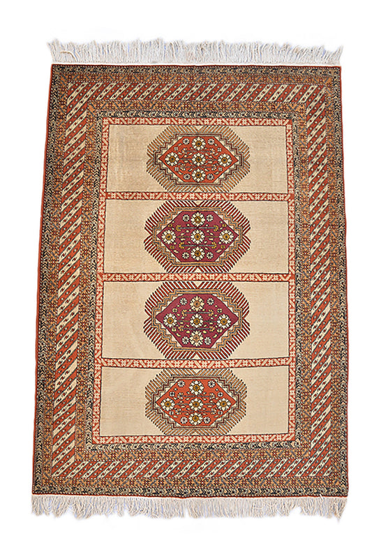 Beige Brown Area Rug | Handmade Persian Caucasian | Red Medallions | 5 x 7 Feet | Rustic Style Neutral Rug Soft Pile Rug