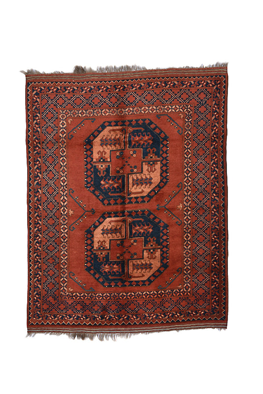 Antique Red Orange Vintage 4x5 Rug | Geometric Medallion Rug | Afghan Persian Wool Rug | One of a Kind Wool Hand Knotted