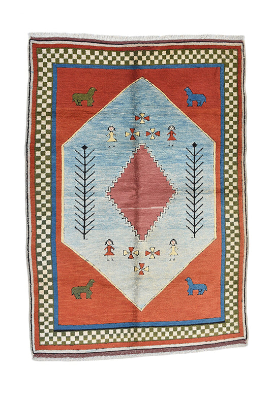 Tribal Handmade Rug | Kazak Vintage Rug | Geometric Nomadic Rug | Red Blue Rug | Medallion Wool Rug