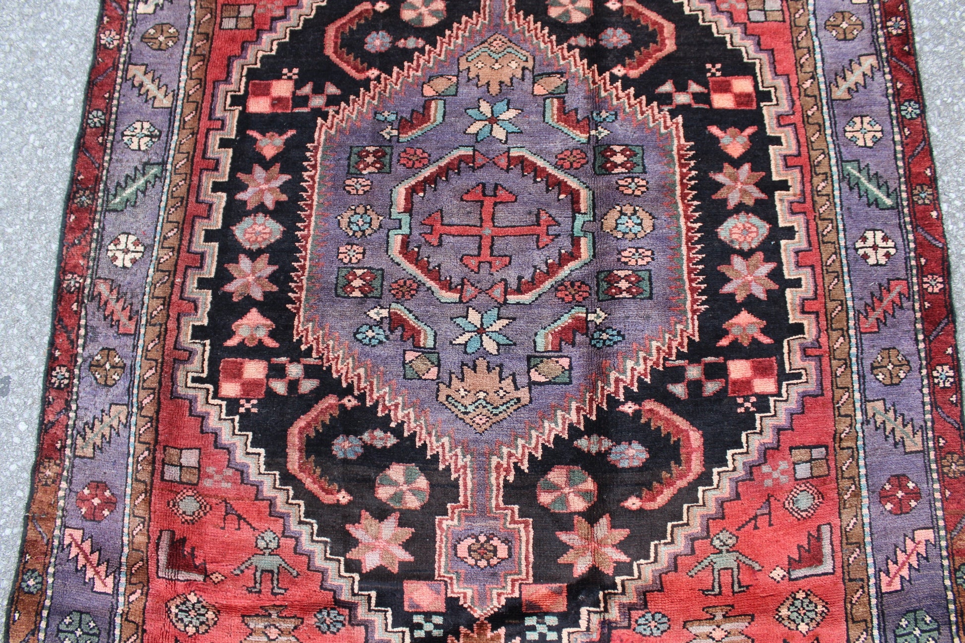 Red Blue 3x5 Vintage Handmade rug with Large Black Medallion