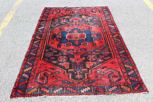 Red Blue 4x7  Vintage Rug | Tribal Oriental Persian Rug | Kazak Bohemian Rug | Handmade Rug