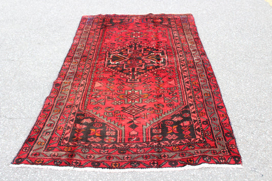 Red Blue 4x7  Vintage Rug | Tribal Oriental Persian Rug | Kazak Bohemian Rug | Handmade Rug