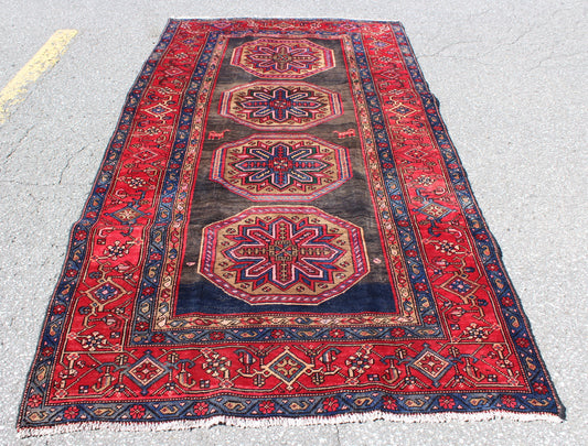 Red Black 4x8 Vintage Rug | Tribal Oriental Persian Rug | Kazak Bohemian Rug | Handmade Rug