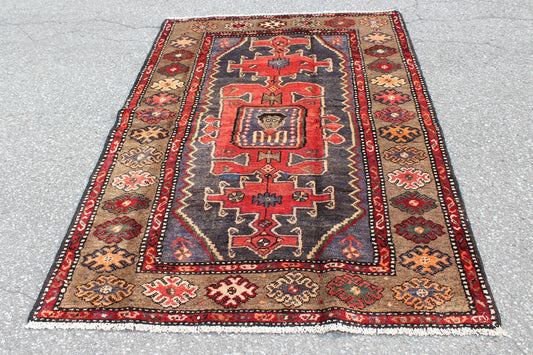 Red Blue 4x6 Vintage Rug | Tribal Oriental Persian Rug | Kazak Bohemian Rug | Handmade Rug