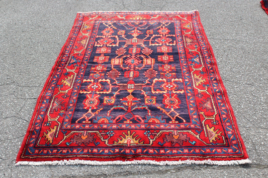 Red Blue 4x7 Vintage Rug | Tribal Oriental Persian Rug | Kazak Bohemian Rug | Handmade Rug