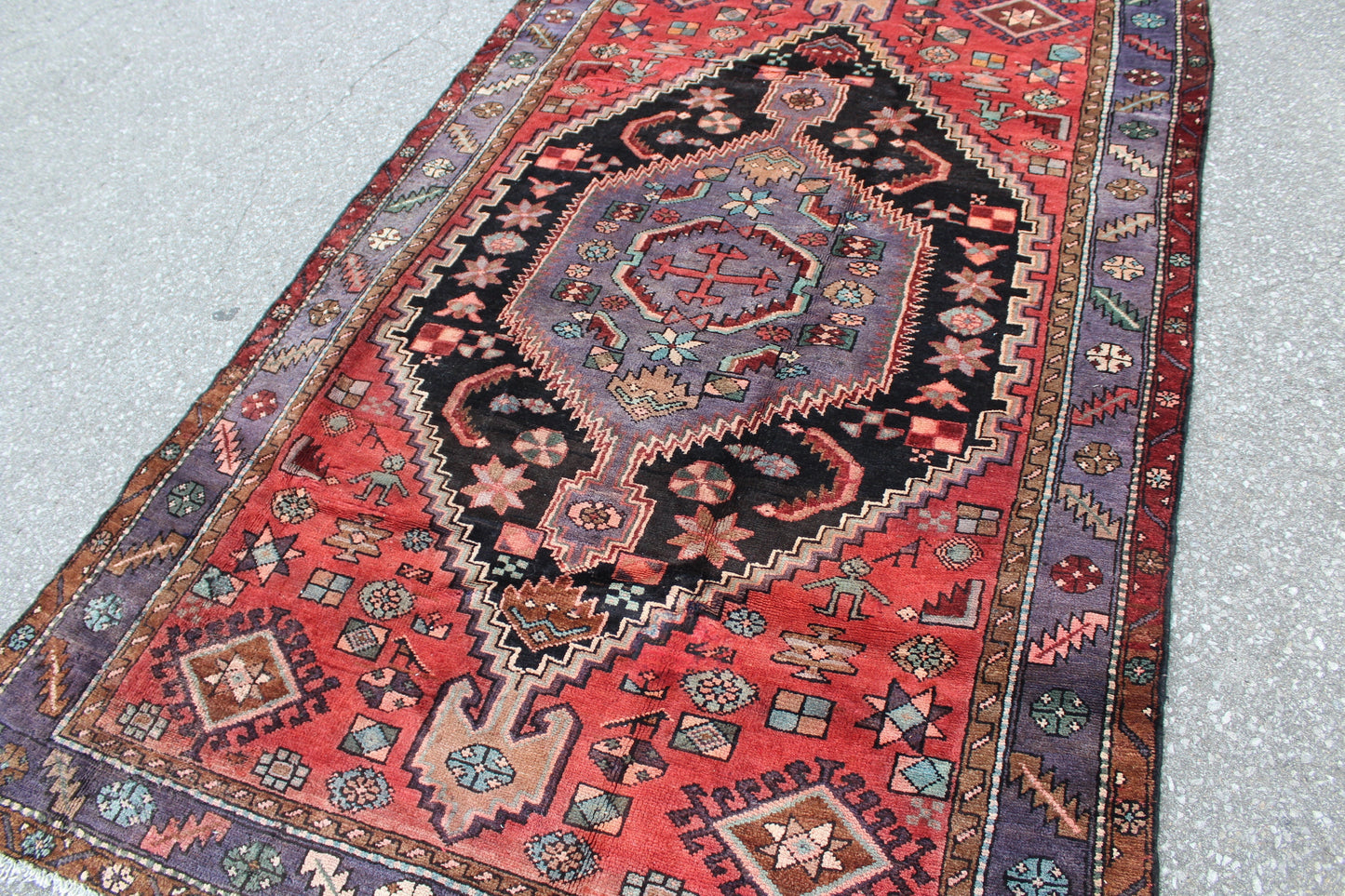 Red Blue 3x5 Vintage Handmade rug with Large Black Medallion