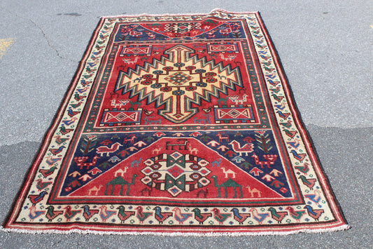 Red Blue 4x7 Vintage Rug | Tribal Oriental Persian Rug | Kazak Bohemian Rug | Handmade Rug