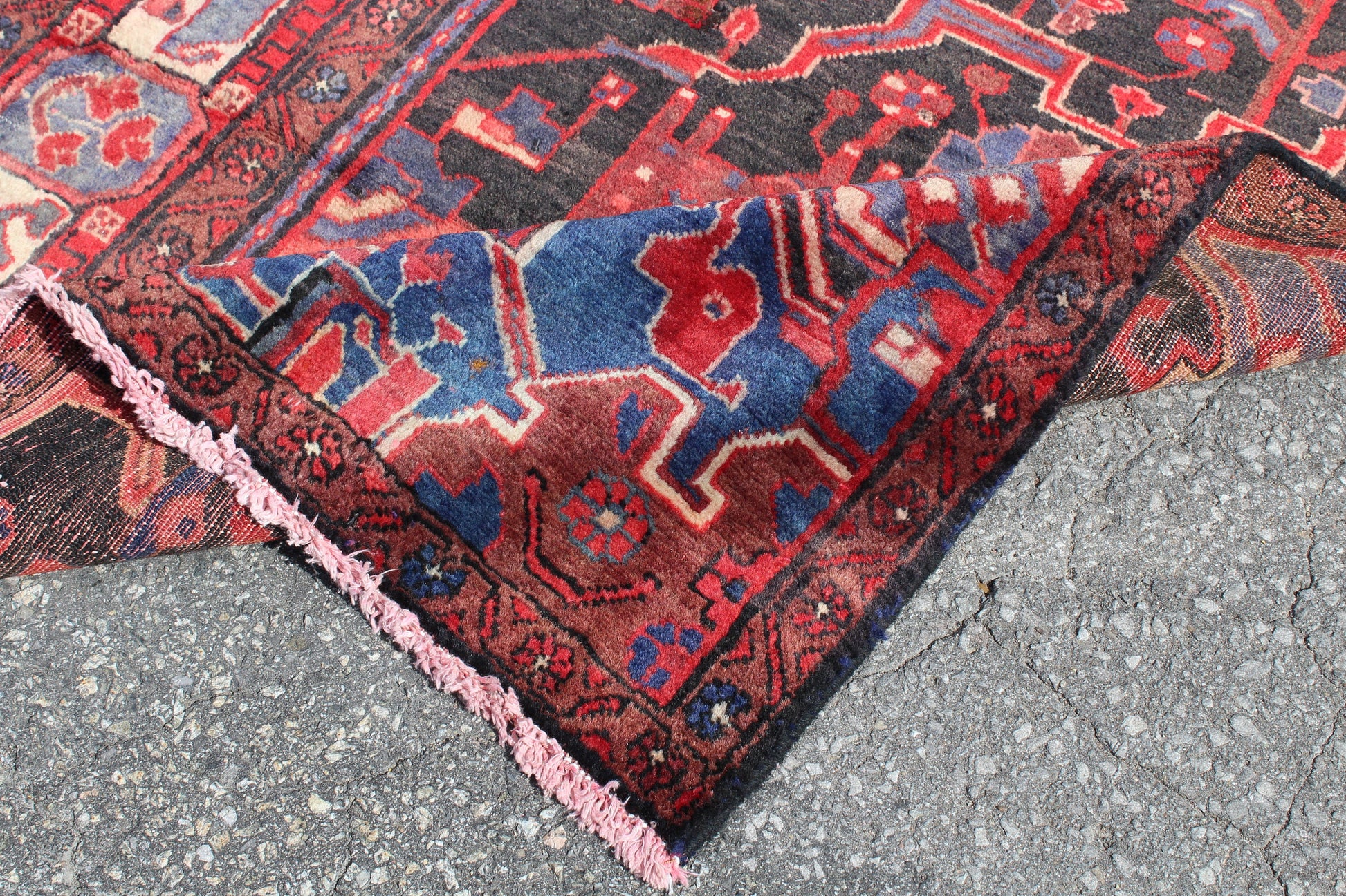 One of a Kind Red Navy Blue 3x4 Rug | Unique Ivory Borders