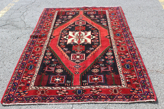 Red 4x7 Vintage Rug | Tribal Oriental Persian Rug | Kazak Bohemian Rug | Handmade Rug