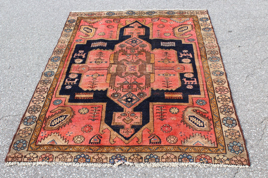 Red Beige  4x7 Vintage Rug | Tribal Oriental Persian Rug | Kazak Bohemian Rug | Handmade Rug