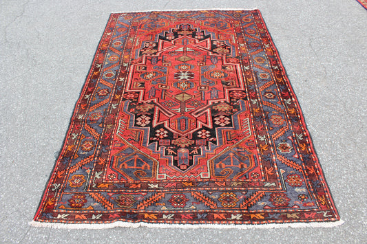 Red Blue 3x7 Vintage Rug | Tribal Oriental Persian Rug | Kazak Bohemian Rug | Handmade Rug